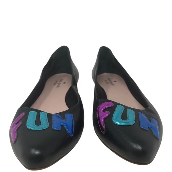 New Kate Spade Elliot “FUN” Printed Black Leather Pointed Toe Flats Size 11 - Picture 3 of 13